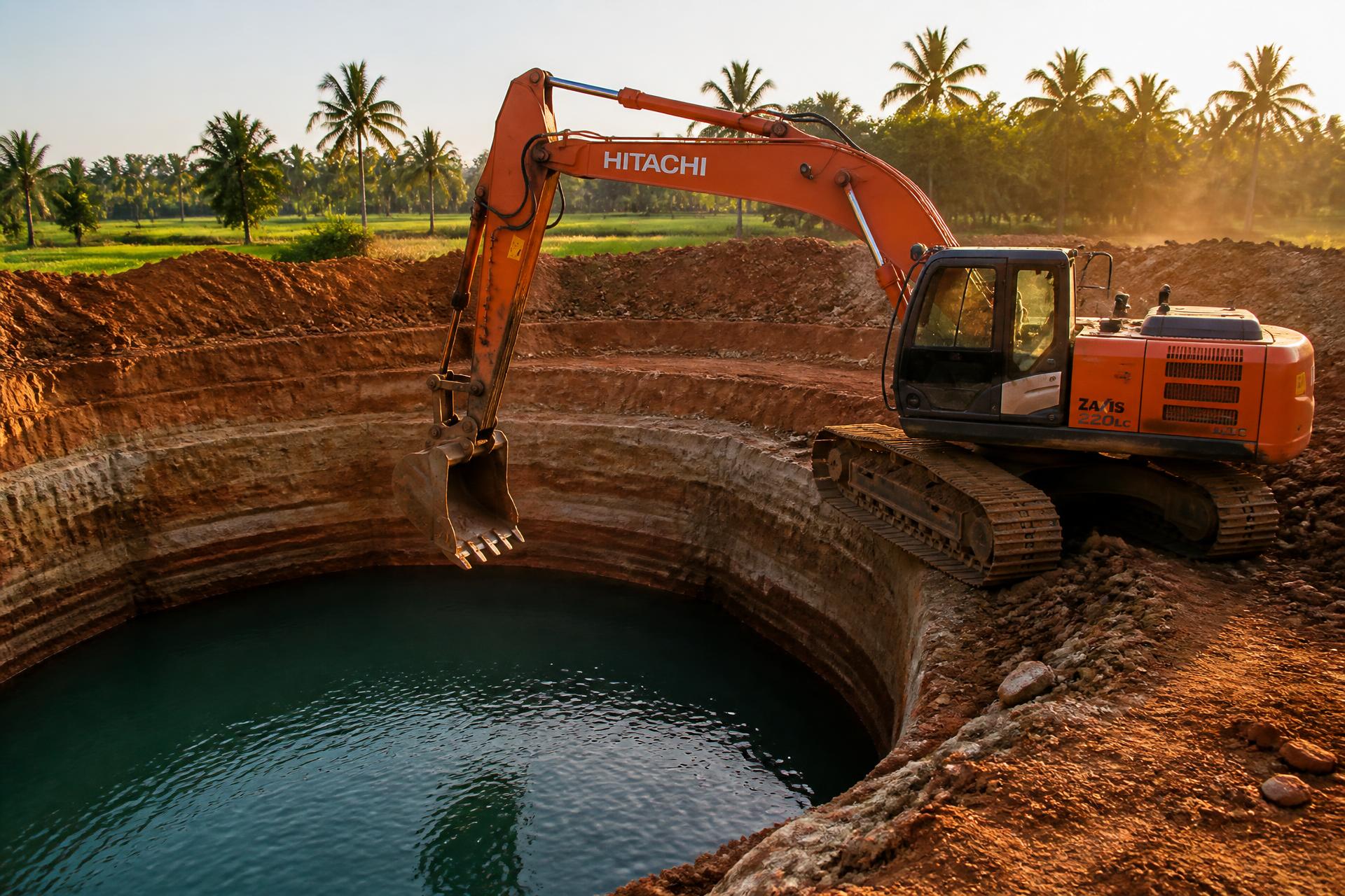 Hitachi excavator working at a wide open well filled with water at an agricultural site in Tamil Nadu