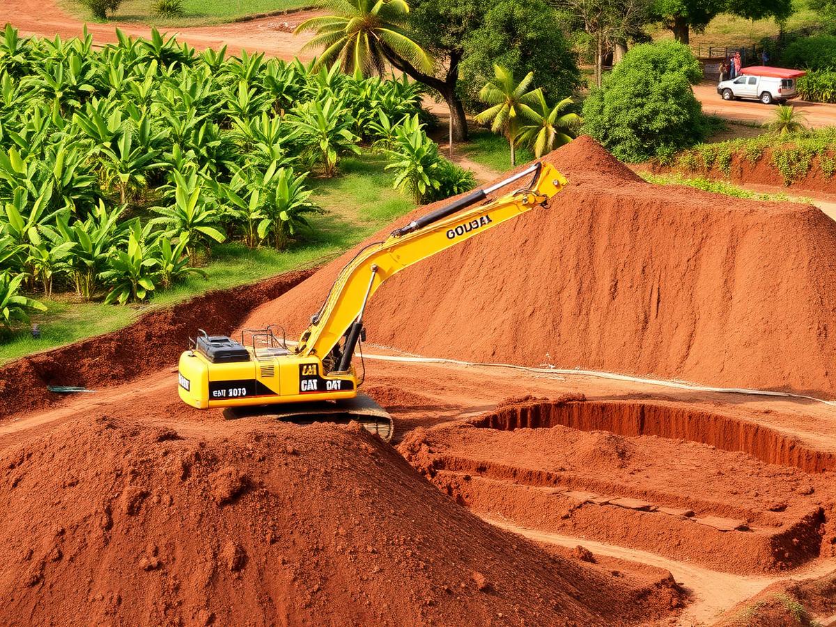 Excavator working at an agricultural site excavation in Tamil Nadu