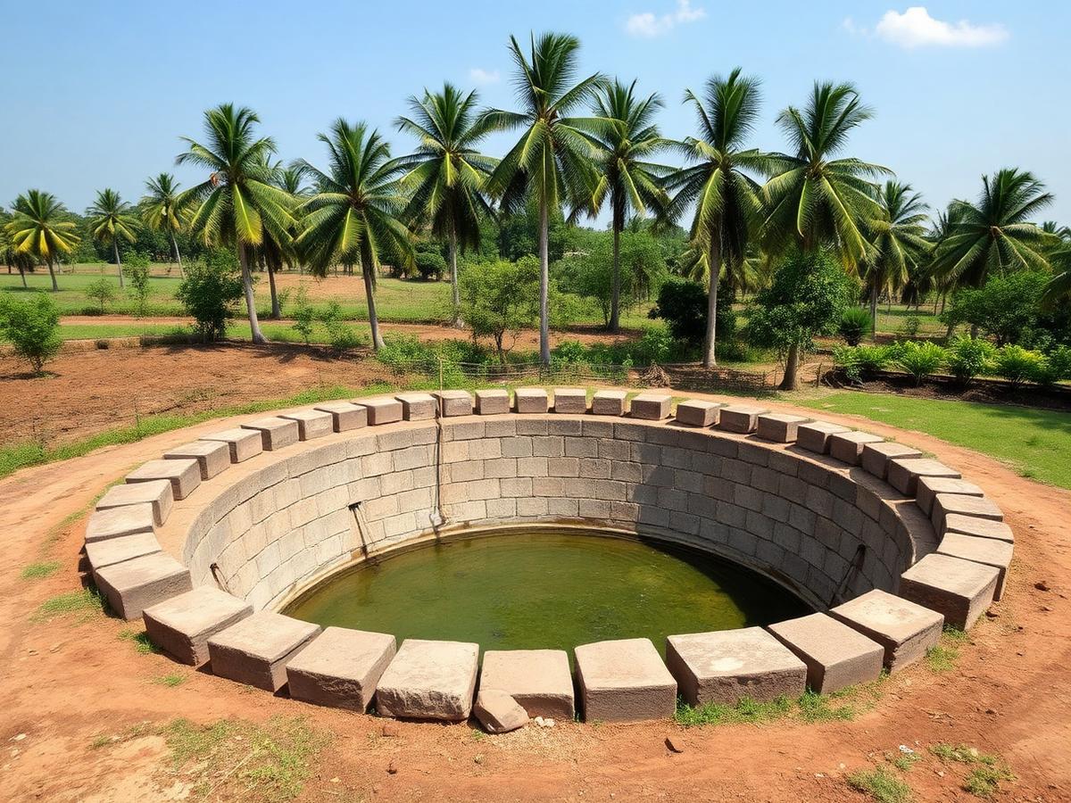 Completed open well with water at a farm in Tamil Nadu